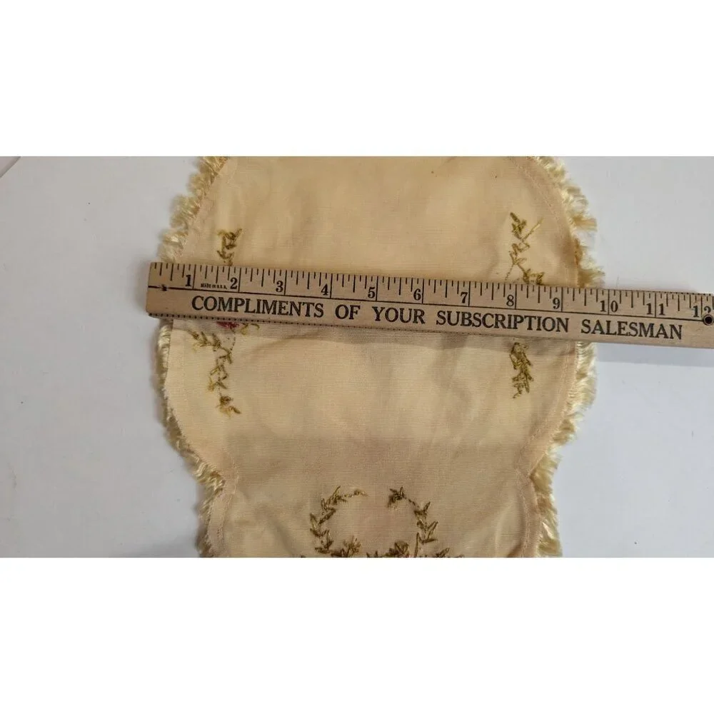 Vintage Floral Embroidered Doily Cream Oblong Table Runner Fringe Trim 15.5x9.5‎